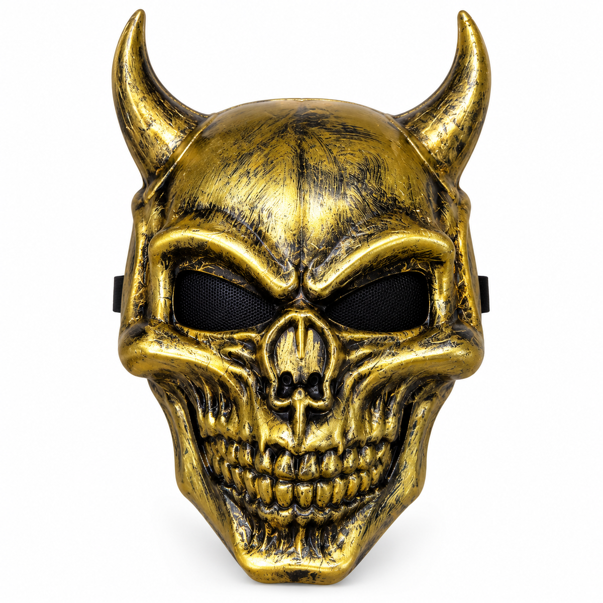 Halloween Demon Skull Mask with Horns – Full Face Antique Gold Skeleton Devil Mask with Mesh Eyes & Adjustable Strap | Scary Costume Mask for Halloween Party, Cosplay & Fancy Dress (Adults & Teens)