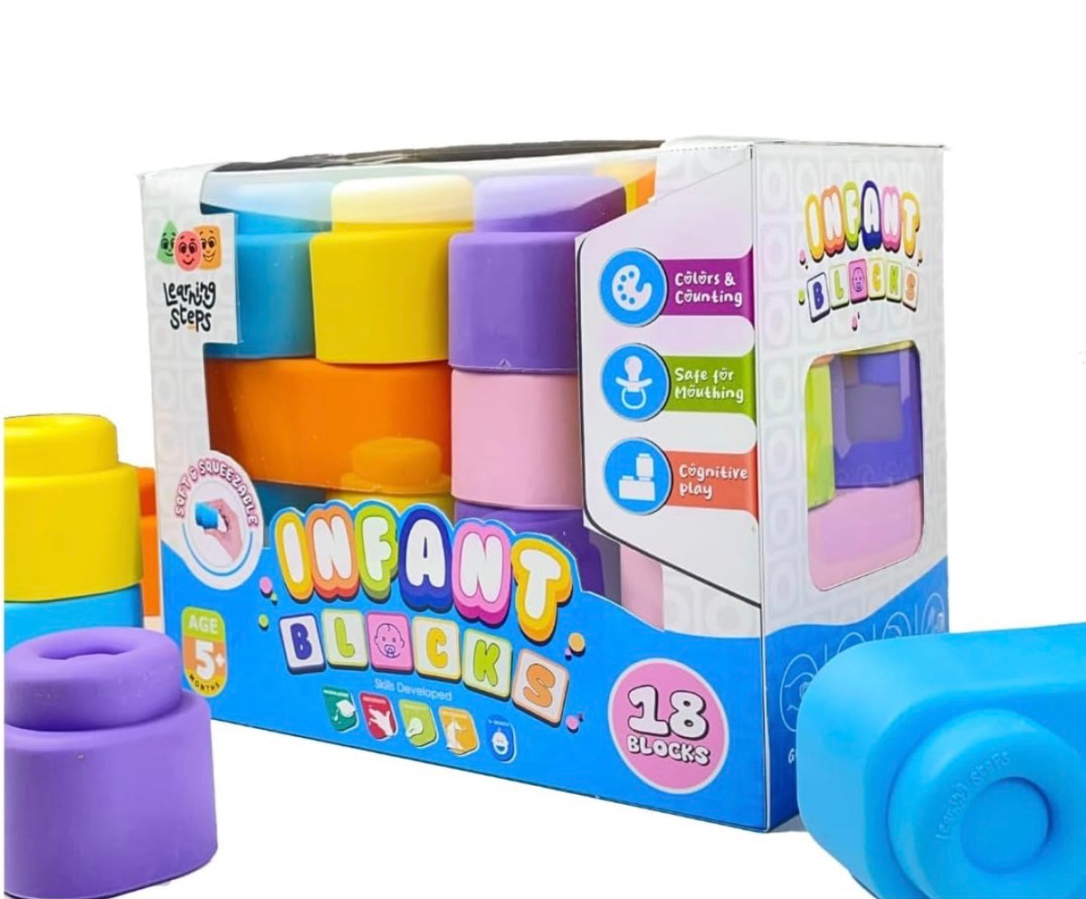 Learning Steps Infant Blocks – Soft & Squeezable Building Blocks for Babies, Safe for Mouthing, Stacking Toy for Colours & Counting | Baby's First Building Blocks | Age 5 Months+ (12 / 18 / 27 / 36 Blocks)