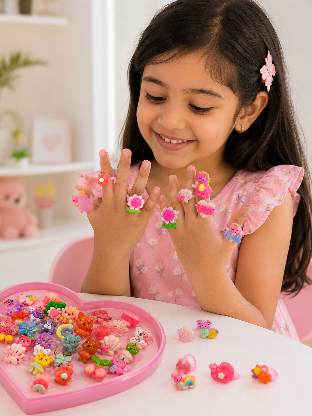Kids Cartoon Rings Set – 36 Cute 3D Character Rings in Pink Heart Display Box | Adjustable Resin Rings for Girls | Animals, Flowers & More | Kids Jewellery Age 3+ | Birthday & Return Gift