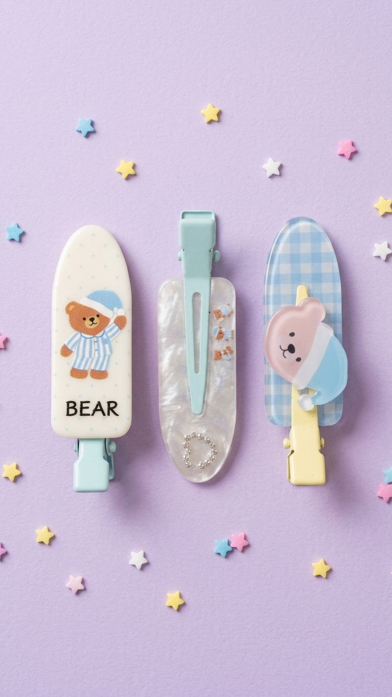 Teddy Bear Print Snap Hair Clips for Girls – Cute Illustrated Bear Oval Clips | Pastel Blue & Cream | Set of 3 | No-Slip Alligator Clip | Kids & Tween Hair Accessories Age 4+ | School & Birthday Gift