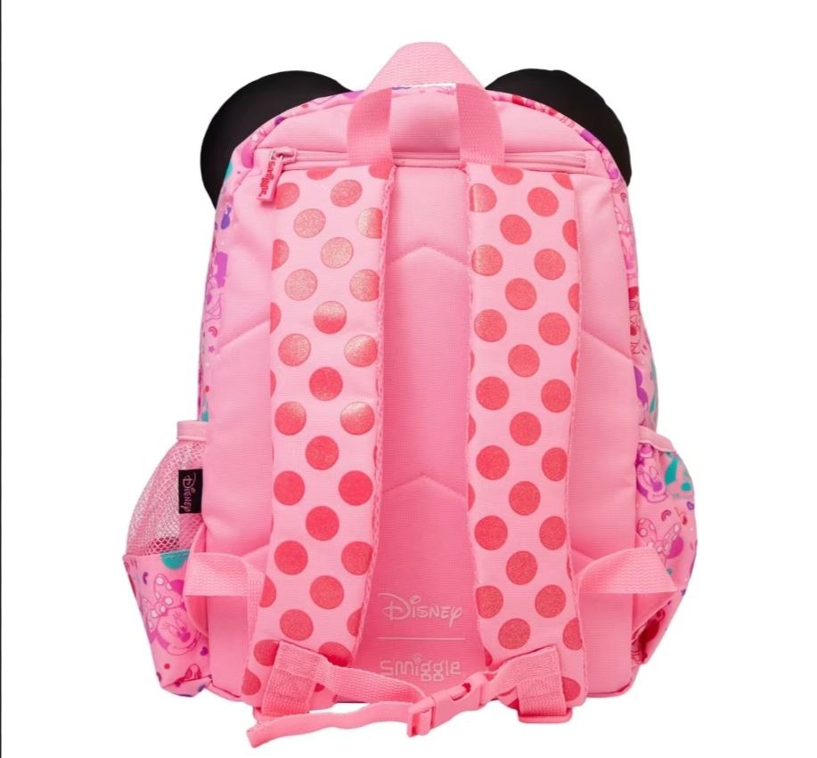 Minnie Mouse Smiggle Kids School Backpack – 3D Structured Ears, Oversized Glitter Sequin Bow, Full Face Graphic & Glitter Polka Dot Pocket, Girls Ages 3+, Baby Pink