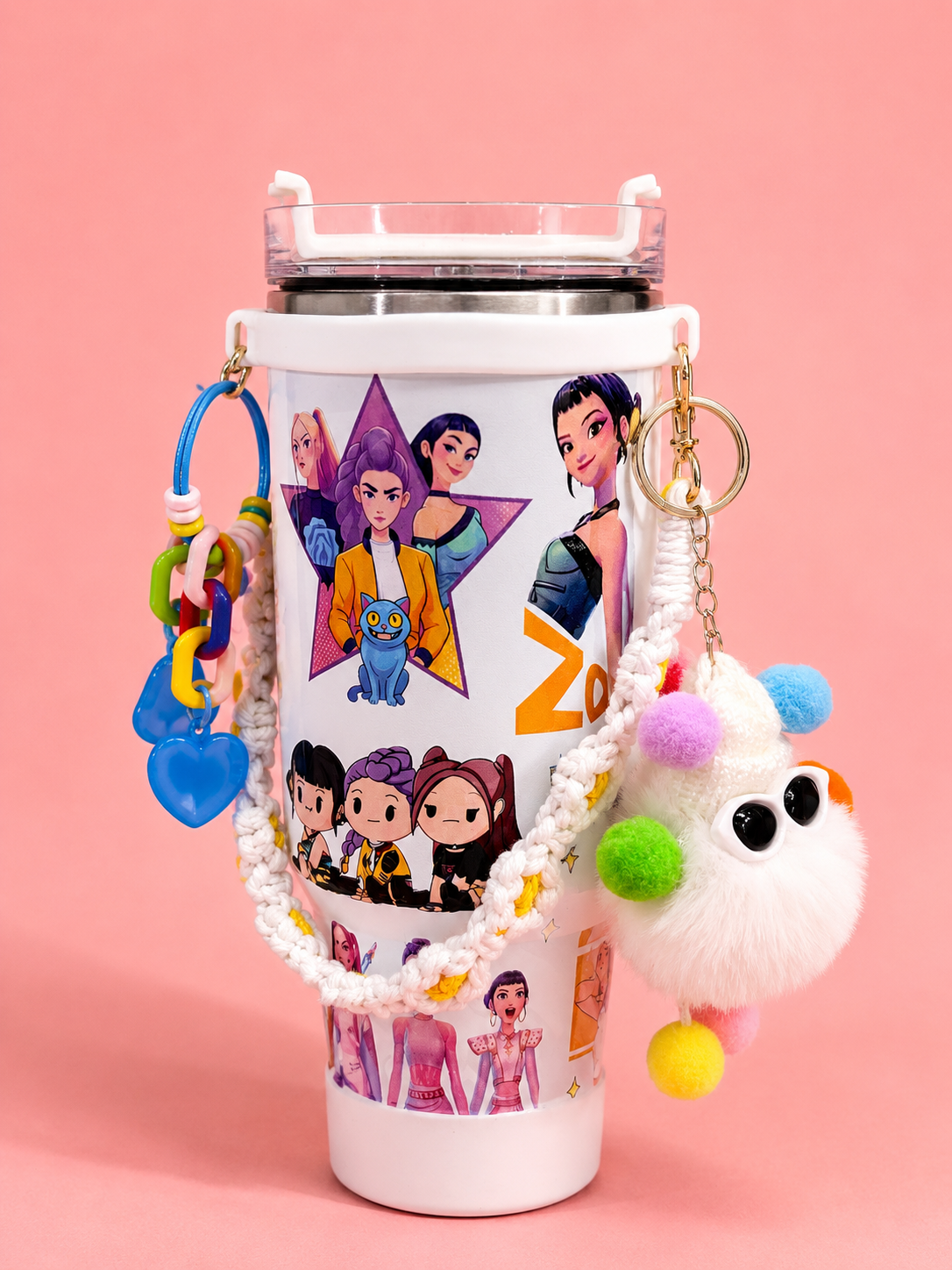 Insulated Tumbler with Handle – 40oz Purple Stainless Steel Cup with Straw, Flower Straw Topper & Decorative Bag Charms | Cute Aesthetic Water Bottle for Girls & Teens – Anime Fan Style