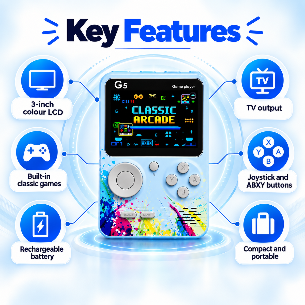G5 Retro Handheld Game Console for Kids and Adults, 3-inch Colour Screen Portable Video Game Player with Built-in Classic Games, Joystick & ABXY Buttons, Rechargeable, AV TV Output, Gift for Boys & Girls (Blue/Green)
