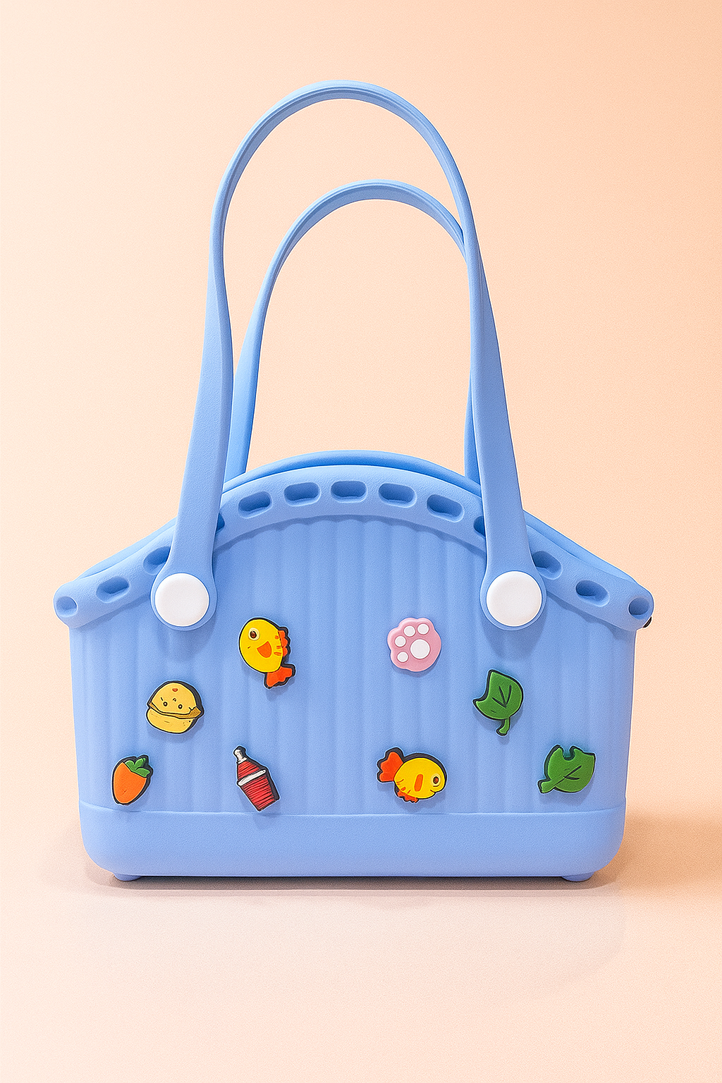 Charmify Carry-All Bag | Trendy Sky Crocs Style Basket Tote Bag | Waterproof EVA Jelly Handbag with Fun Charms | Large Capacity Beach, Travel & Daily Use Bag for Girls