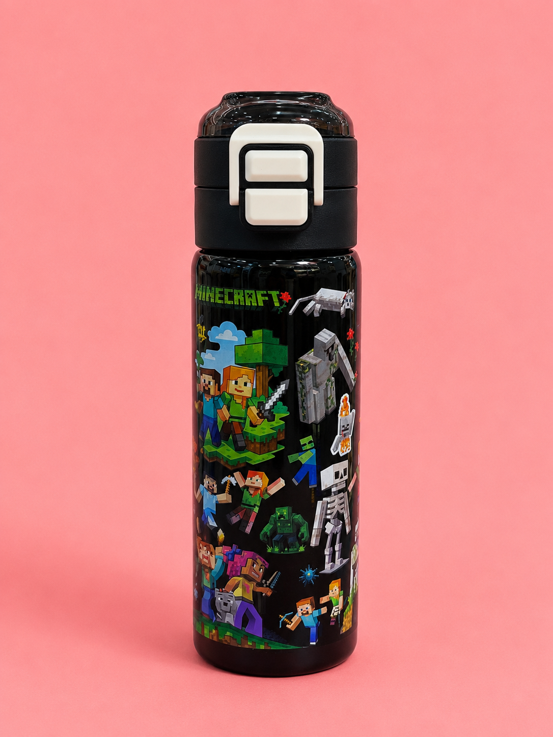 Minecraft Character Kids Water Bottle – Stainless Steel Insulated Bottle with Pop-Up Straw Lid | 4 Colour Variants | Leak-Proof School Water Bottle for Boys & Girls Age 4+ | Birthday Gift