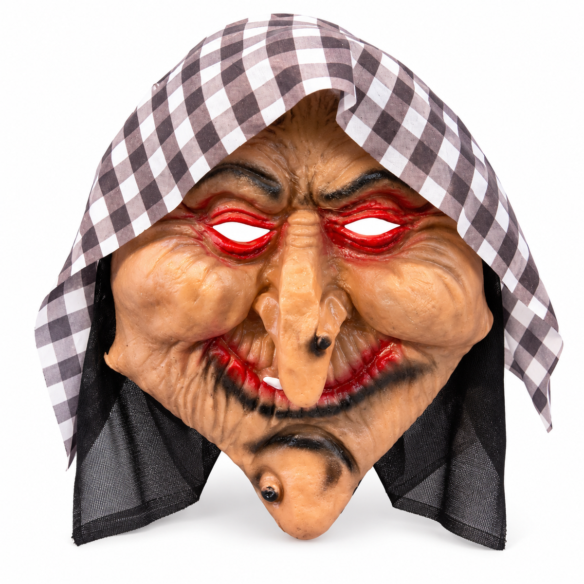 Old Witch Mask with Headscarf – Scary Halloween Hag Face Mask with Hooked Nose & Warts