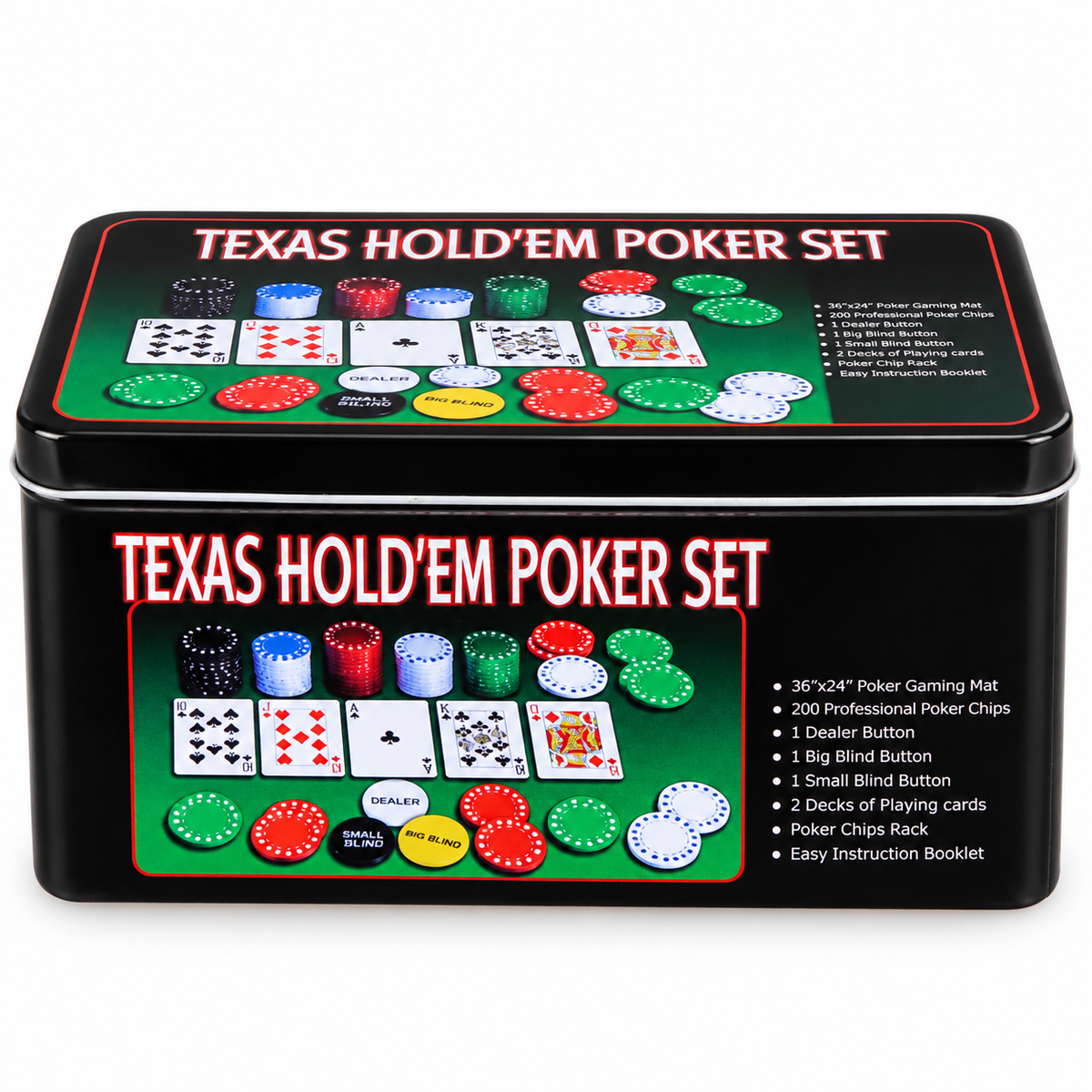 Texas Hold'em Poker Set, 200 Chips with Felt Mat, Chip Rack, 2 Card Decks & Tin Box