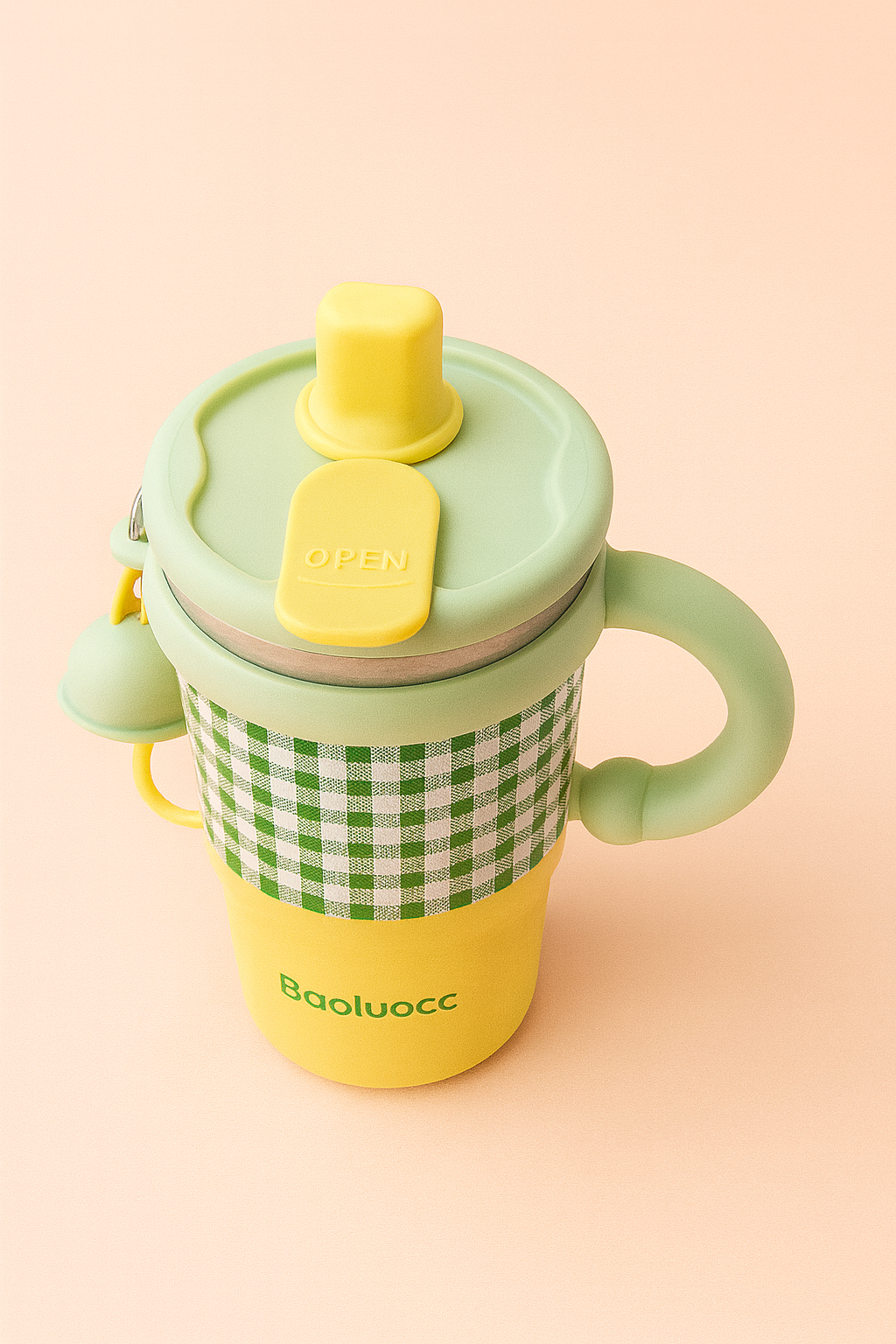 Baoluocc Kids Sipper Bottle with Handle | Cute Gingham Design, Spill-Proof Lid, Straw Spout & Bell Charm | Insulated, BPA-Free Water Bottle for School & Travel