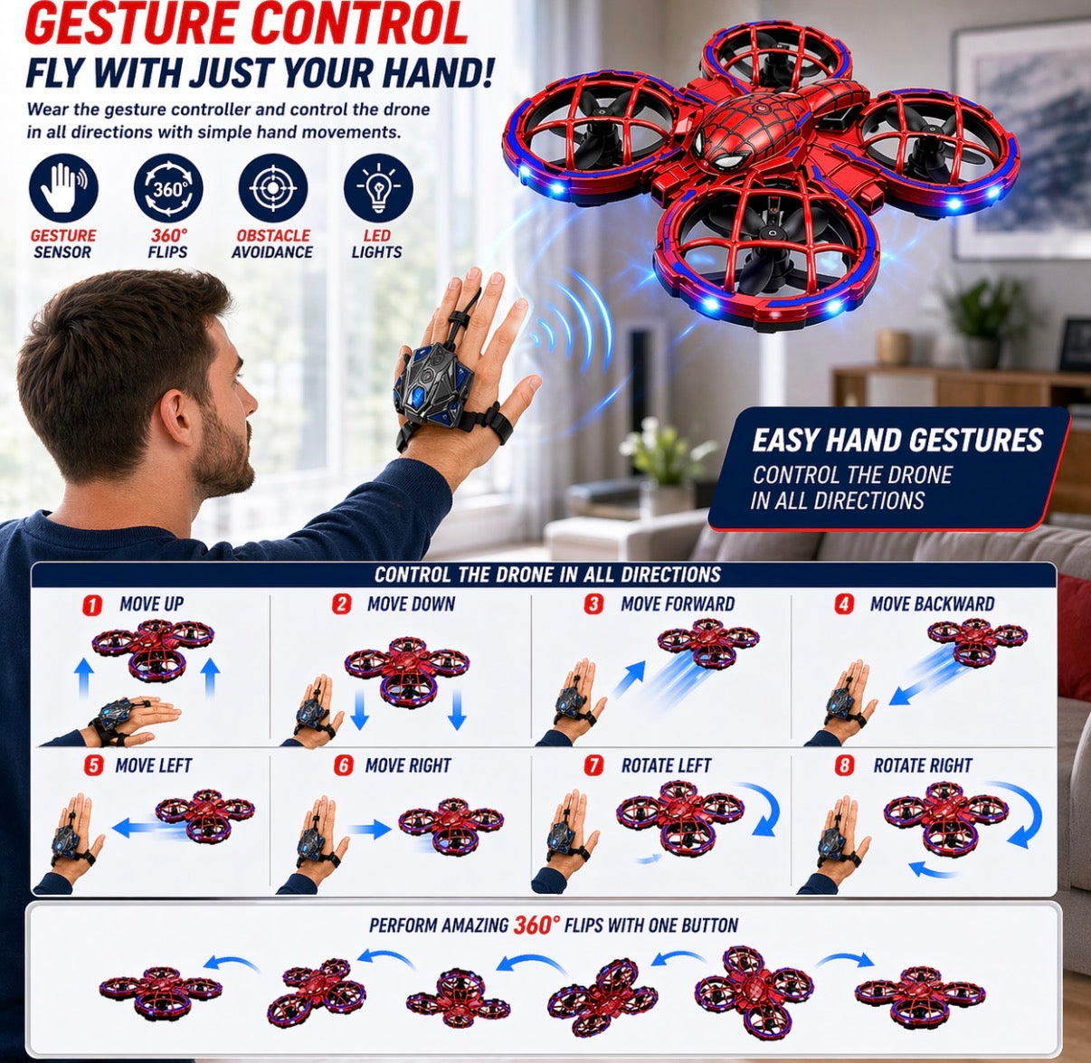 Hand Gesture Control Drone for Kids – Red Web Pattern Mini Drone with Wrist Controller | 360° Flips | Obstacle Avoidance | LED Lights | 3 Speed Modes | One-Key Takeoff & Landing | Age 8+ | Birthday Gift