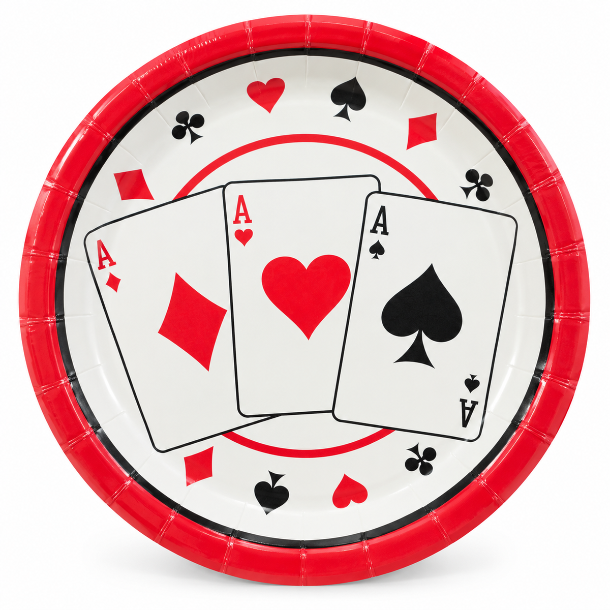 Three Aces Paper Plates with Red Border, Playing Card Disposable Party Plates, Pack of 10
