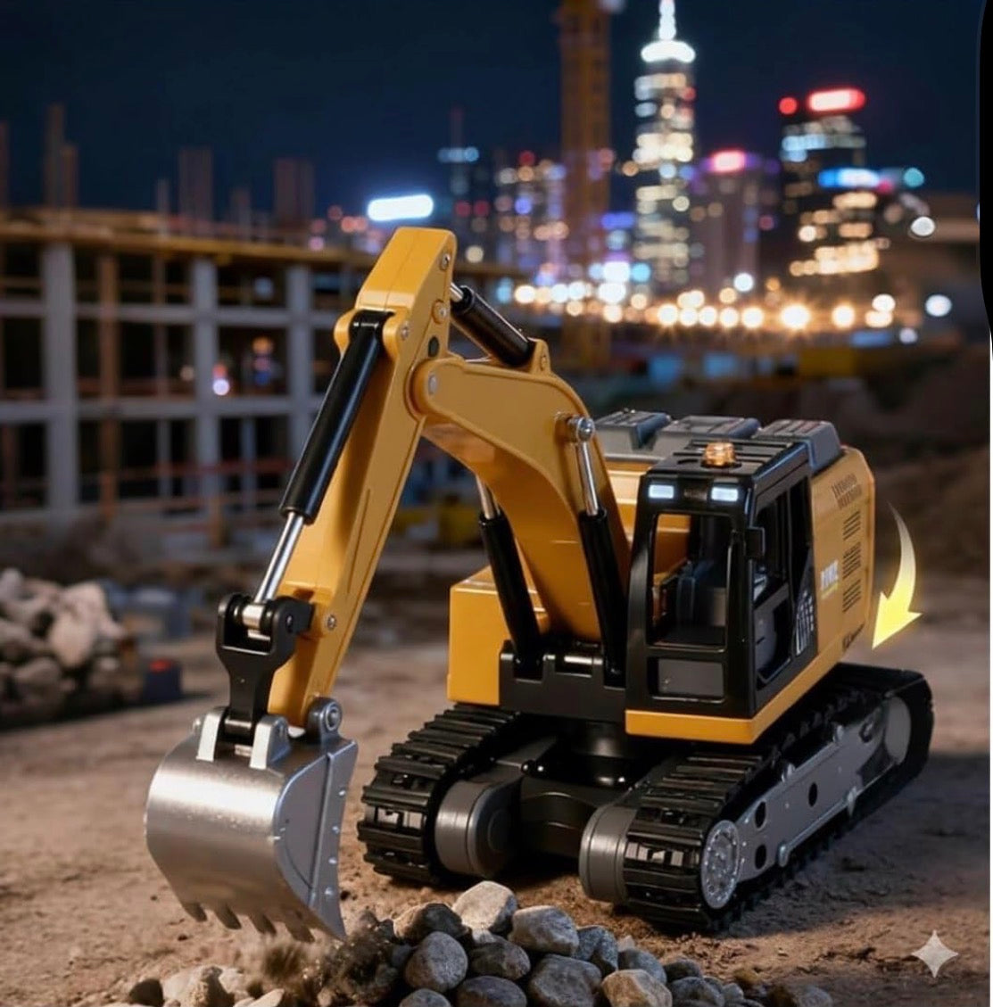 Mini Remote Control Excavator Toy for Kids – RC JCB Construction Truck with 360° Rotating Cabin, Moving Arm & Bucket, Lights & Sound | Type-C Rechargeable Crawler Digger Toy | Gift for Boys 3+ Years (Yellow)