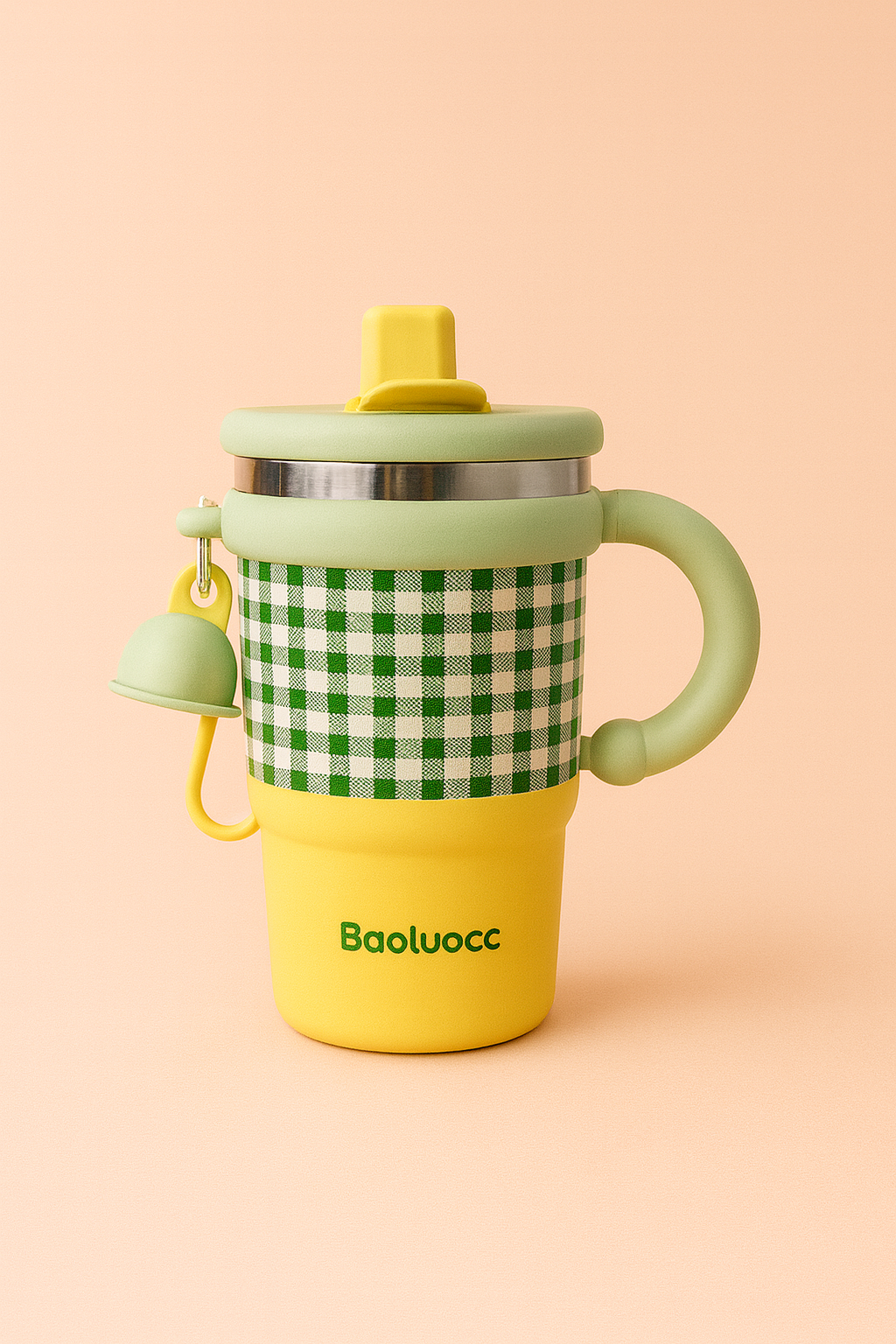 Baoluocc Kids Sipper Bottle with Handle | Cute Gingham Design, Spill-Proof Lid, Straw Spout & Bell Charm | Insulated, BPA-Free Water Bottle for School & Travel
