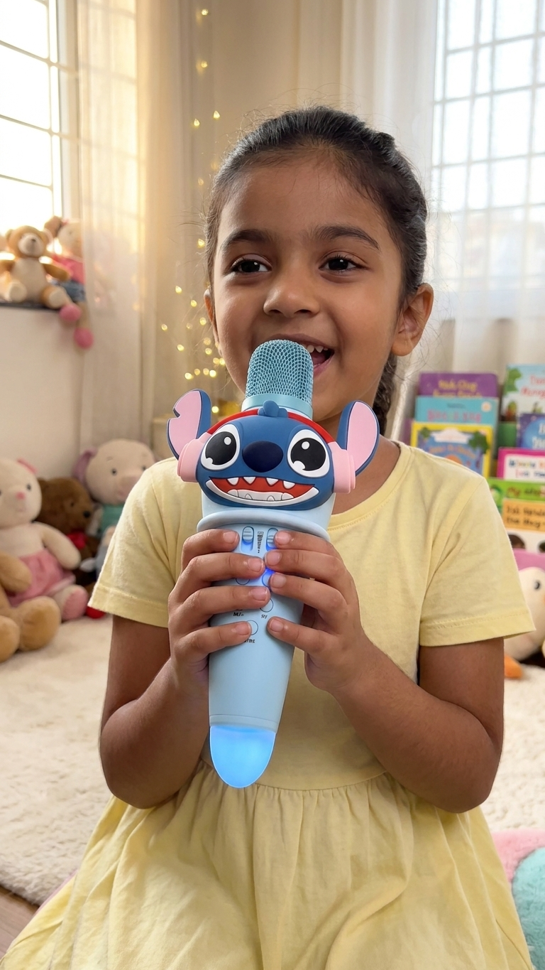 Kids Cartoon Character Bluetooth Karaoke Microphone with Built-in Speaker | LED Light Effects | Wireless & Rechargeable | Fun Singing Toy for Boys & Girls | Age 3+