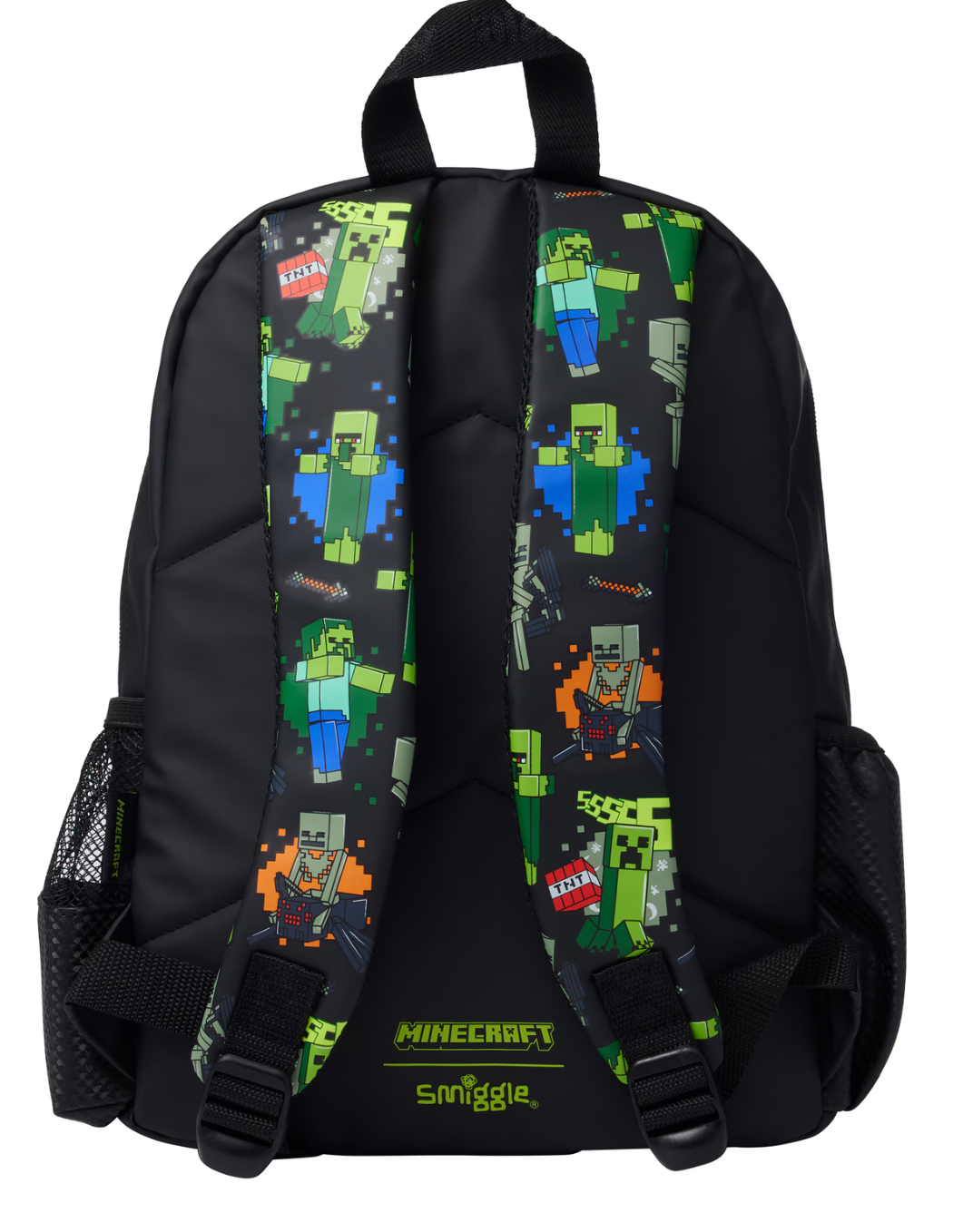Minecraft Smiggle Kids School Backpack – 3D Moulded Mob Squad Front Pocket, TNT Explosion Scene, Neon Green Zippers & Full Pixel All-Over Print, Boys Ages 5+, Stealth Black/Neon Green