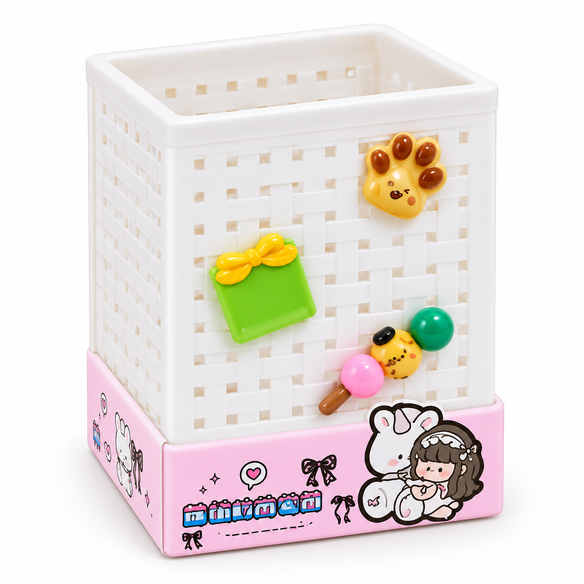 Cute Basket Weave Pencil Holder for Kids – Square Pen Stand with 3D Kawaii Charms & Printed Base, Desk Organizer for Pens, Pencils, Markers & Brushes – Stationery Storage for Study Table & Kids' Room