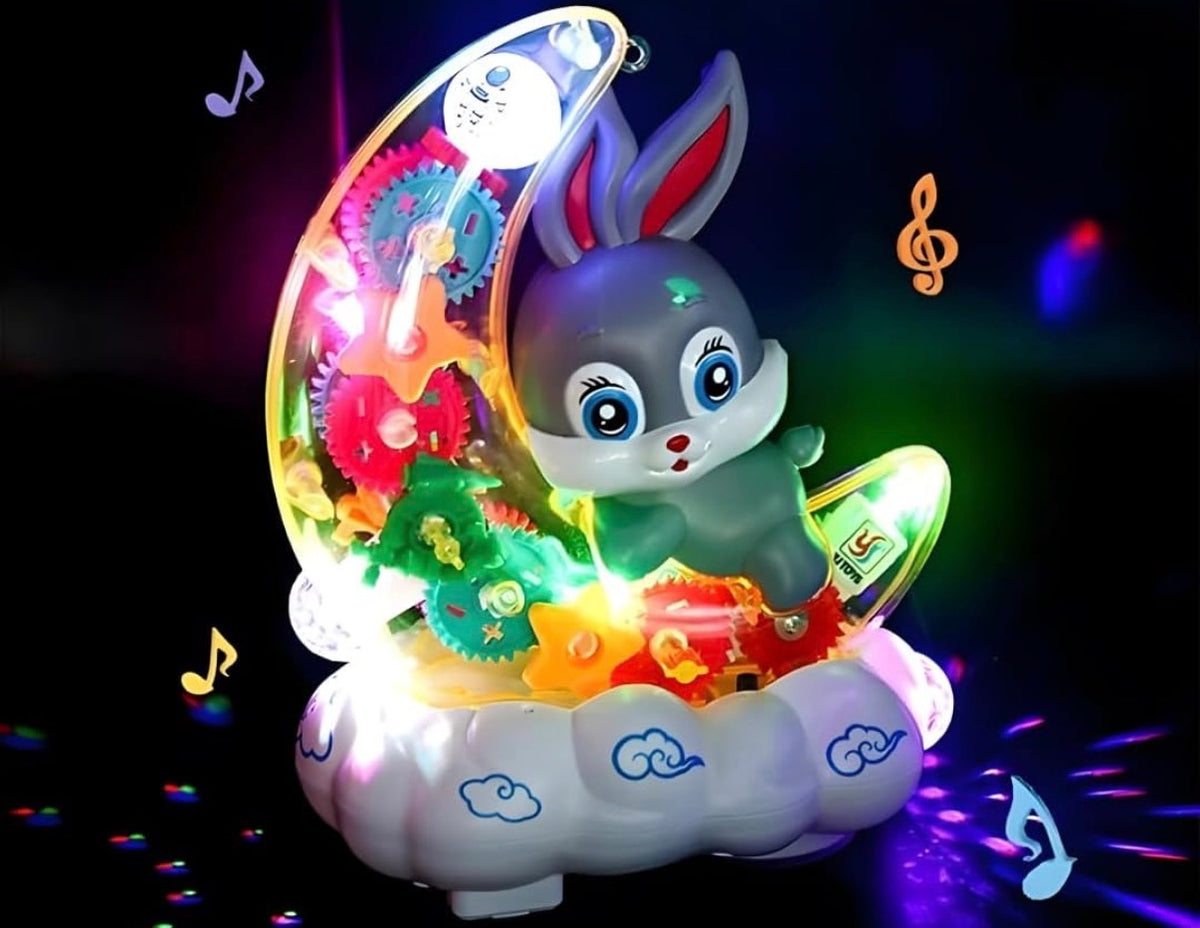 Bunny on the Moon Musical Toy for Kids – Transparent Gear Toy with Colourful LED Lights, Music & Bump and Go Movement | Light-Up Rotating Gears, Cloud Base | Gift for Babies & Toddlers 18 Months+