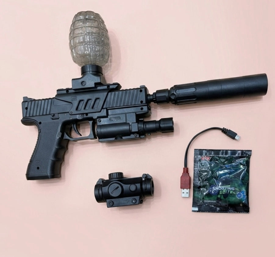 Electric Gel Ball Blaster Toy Gun – Full Tactical Kit with Red Dot Scope, Silencer & Grenade Magazine | USB Rechargeable | Blue Gel Beads Included | Outdoor Shooting Toy for Boys Age 14+ | Gift Set