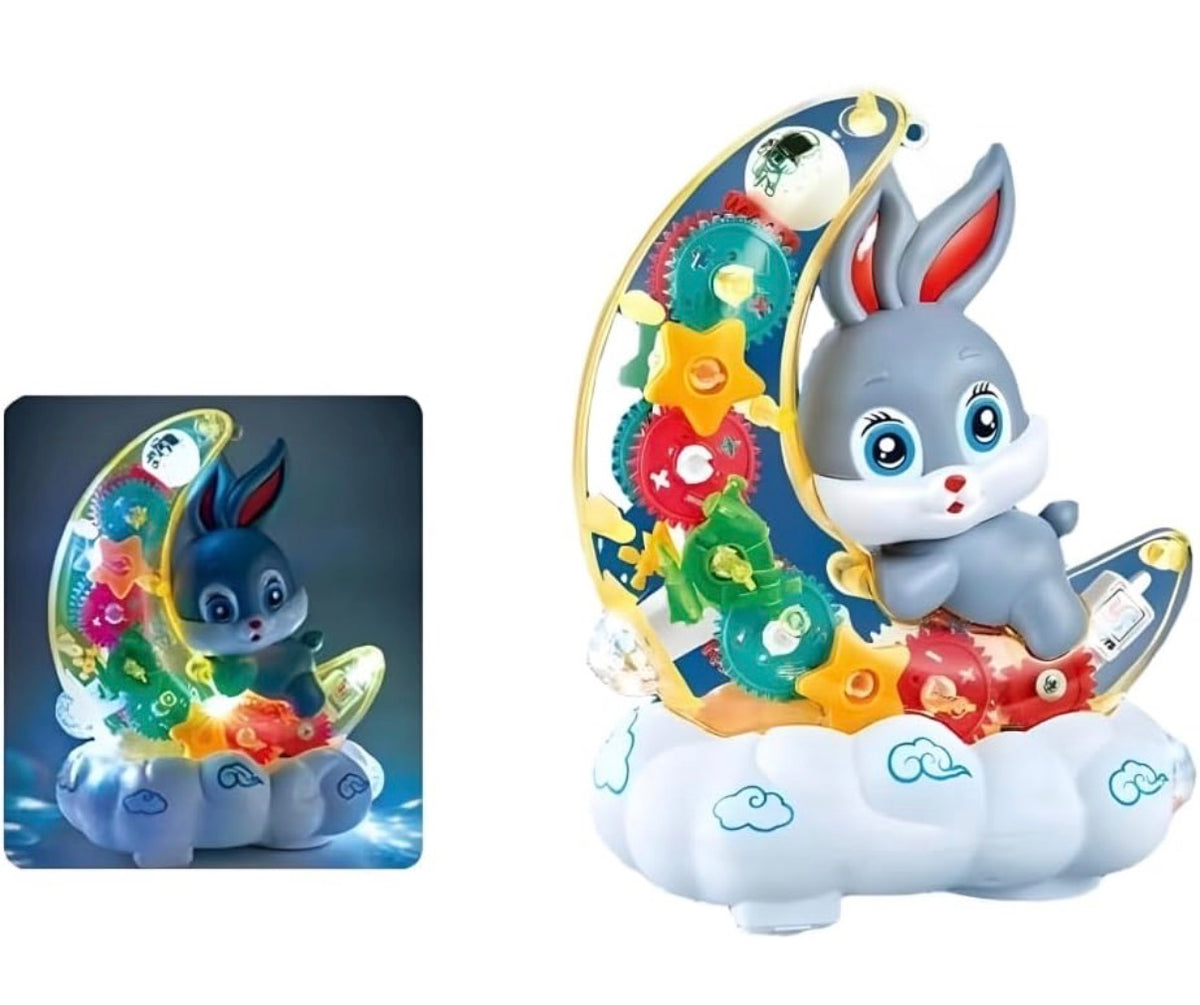 Bunny on the Moon Musical Toy for Kids – Transparent Gear Toy with Colourful LED Lights, Music & Bump and Go Movement | Light-Up Rotating Gears, Cloud Base | Gift for Babies & Toddlers 18 Months+