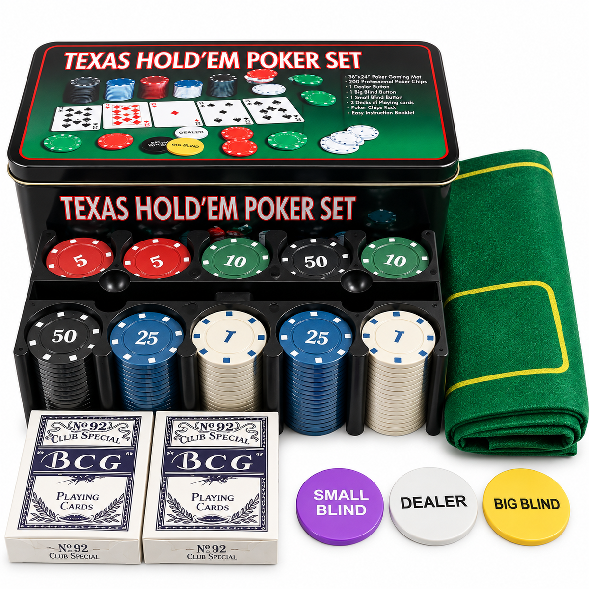 Texas Hold'em Poker Set, 200 Chips with Felt Mat, Chip Rack, 2 Card Decks & Tin Box