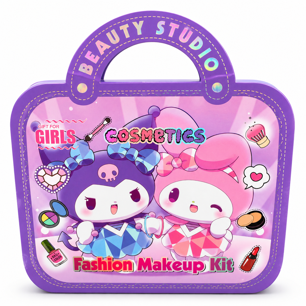 Kids Makeup Kit for Girls – Beauty Studio Handbag Makeup Set with 13 Eyeshadows, Blush, Lip Glosses, Lipstick & Nail Polish | Portable Purse-Style Vanity Case with Heart Mirror