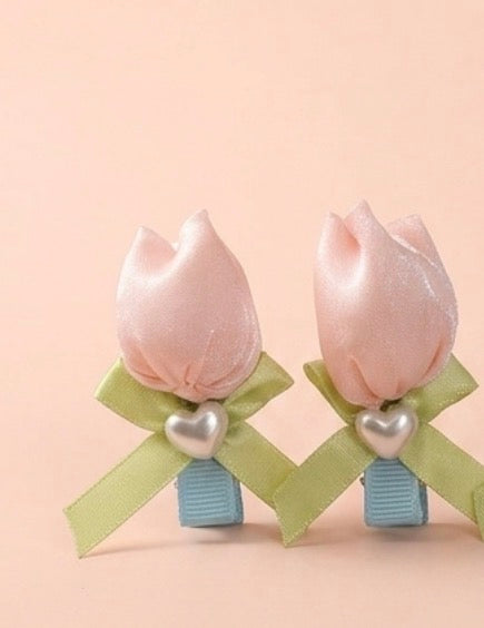 Satin Tulip Flower Hair Clips for Girls – Handcrafted Ribbon Bow Base with Pearl Heart Charm | Set of 2 | Pastel Pink, Blue & Purple | Kids & Teen Hair Accessories | Festive, Party & Birthday Gift