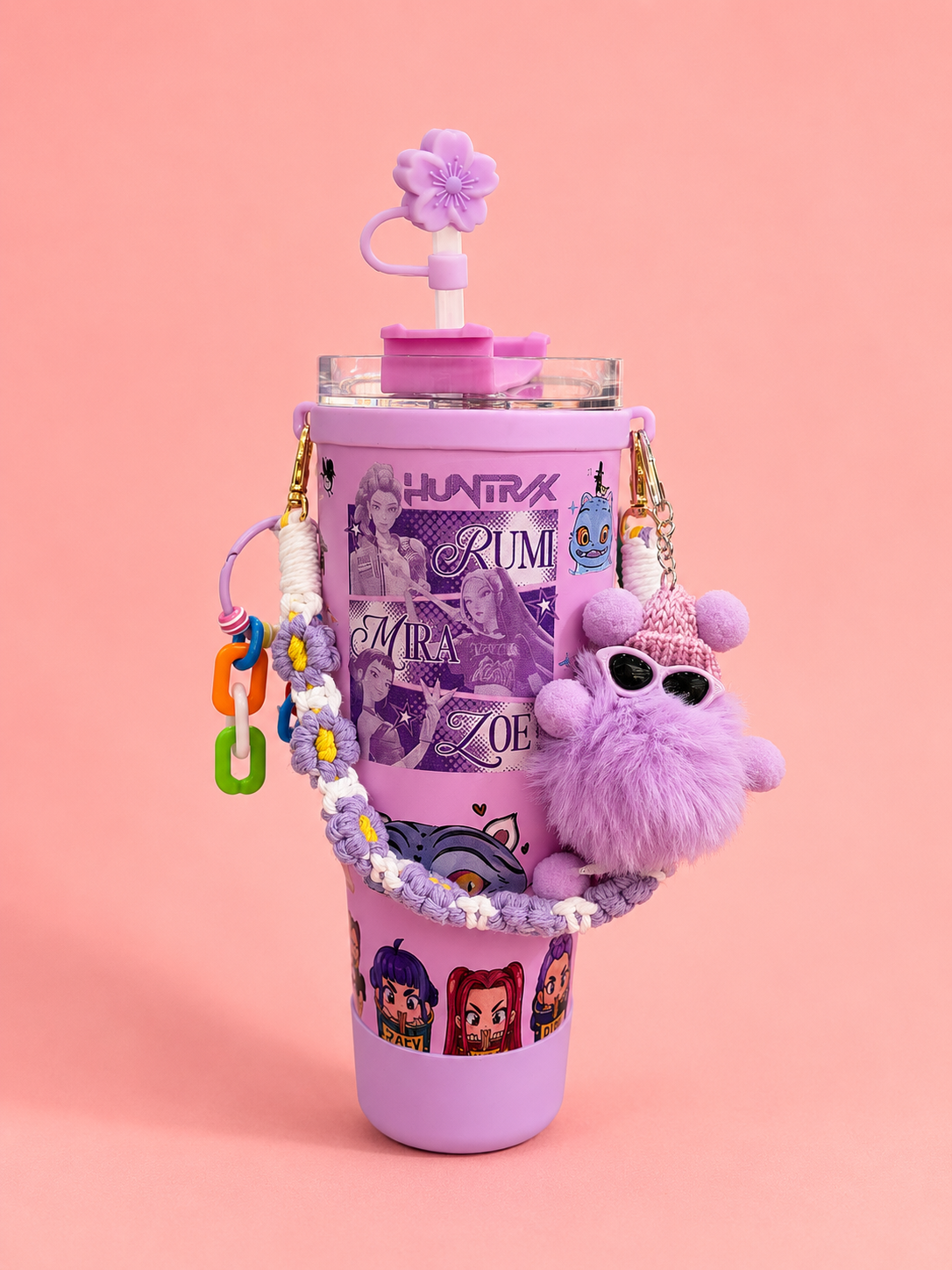 Insulated Tumbler with Handle – 40oz Purple Stainless Steel Cup with Straw, Flower Straw Topper & Decorative Bag Charms | Cute Aesthetic Water Bottle for Girls & Teens – Anime Fan Style
