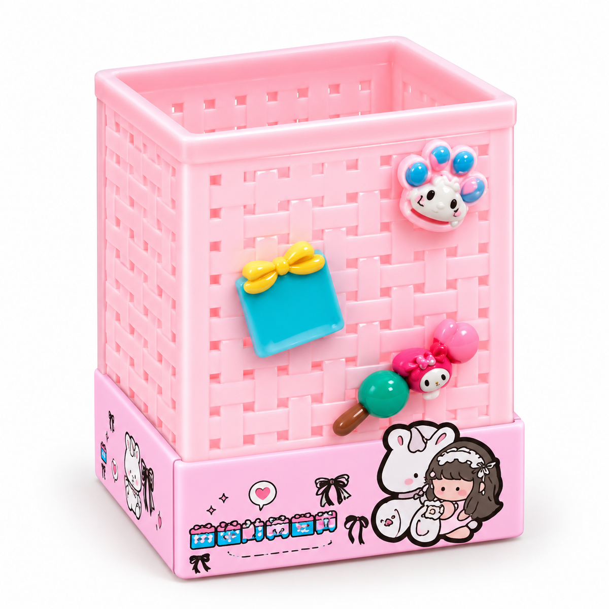 Cute Basket Weave Pencil Holder for Kids – Square Pen Stand with 3D Kawaii Charms & Printed Base, Desk Organizer for Pens, Pencils, Markers & Brushes – Stationery Storage for Study Table & Kids' Room