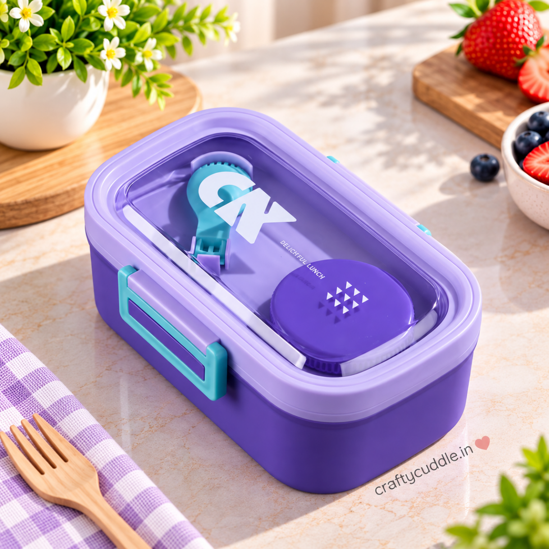 School tiffin box open with sauce container and compartments