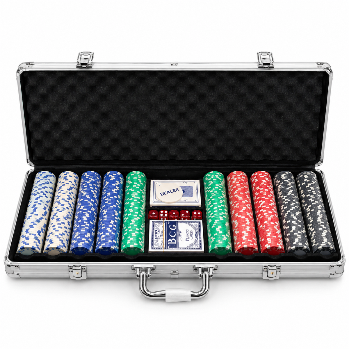 500 Chips Poker Set with Aluminium Case, 2 Card Decks, Dice & Dealer Button