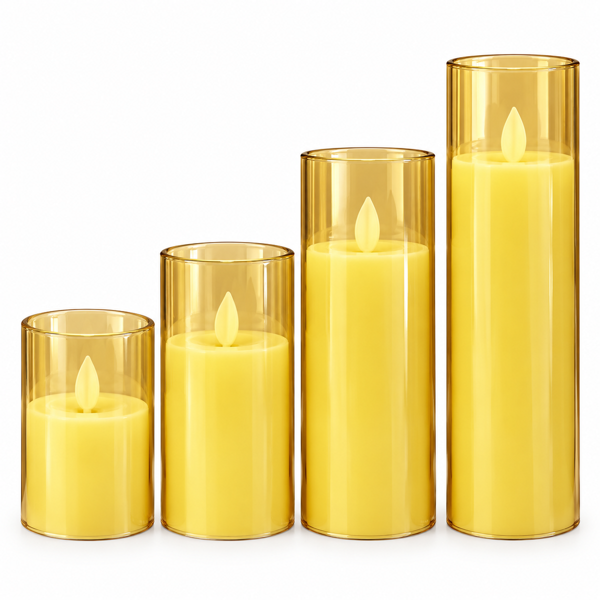 LED Pillar Candles Set of 4 in Amber or Clear Holders, Flameless Battery Candles in 4 Heights