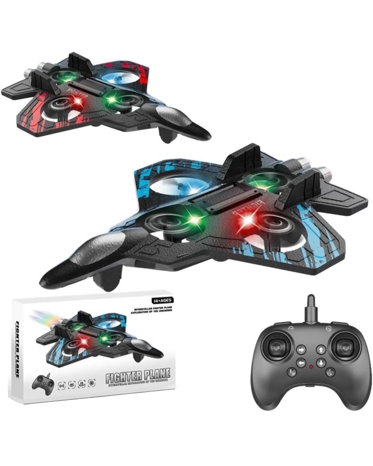 RC Fighter Jet Drone for Kids – VTOL Remote Control Airplane with 4 Propellers & Colourful LED Lights | Indoor & Outdoor Flying Toy | Easy to Fly | Boys & Girls Age 8+ | Birthday Gift