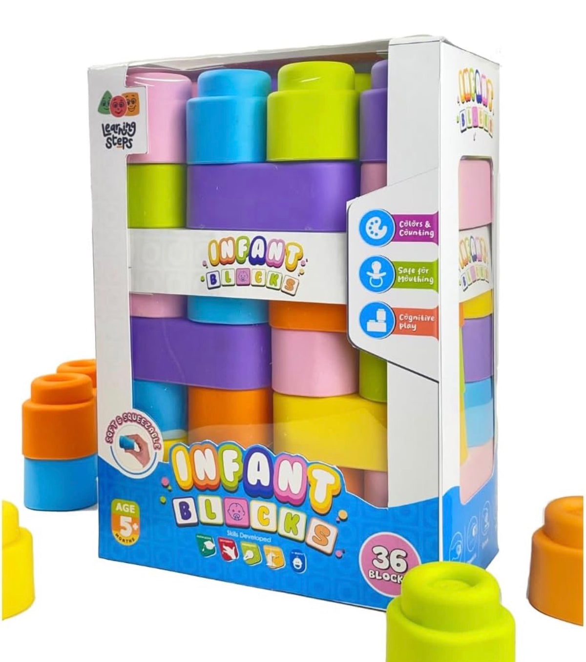 Learning Steps Infant Blocks – Soft & Squeezable Building Blocks for Babies, Safe for Mouthing, Stacking Toy for Colours & Counting | Baby's First Building Blocks | Age 5 Months+ (12 / 18 / 27 / 36 Blocks)