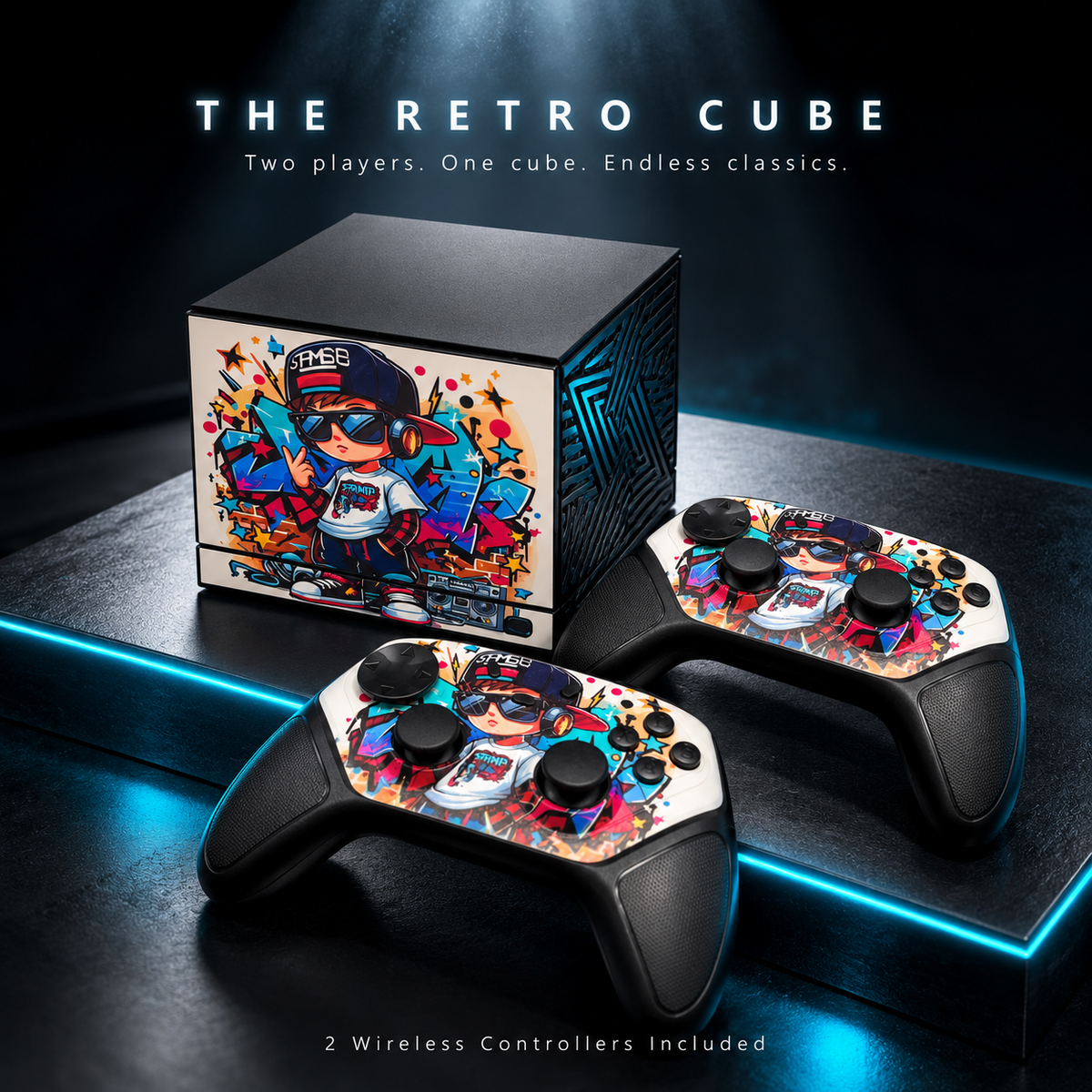 Retro Game Cube Console with 2 Wireless Controllers – Plug & Play TV Gaming Console, HDMI Output, 2.4G Low-Latency Wireless, Turbo Mode, TF Card Expansion up to 256GB – Graffiti Edition