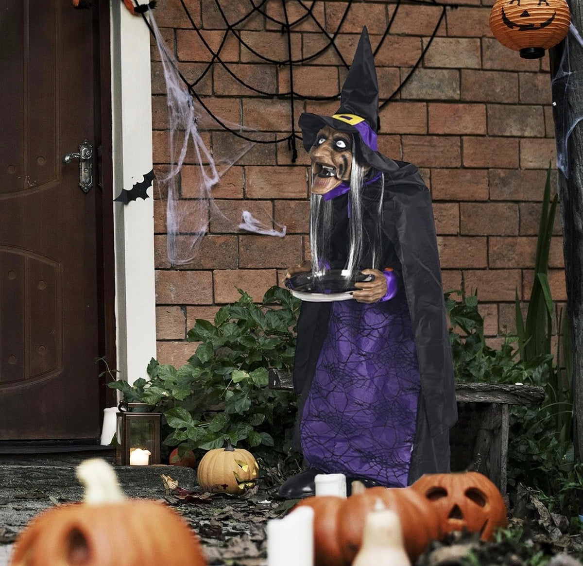 Halloween Animated Witch Candy Bowl Holder – Life-Size Standing Witch with Serving Tray, Laughs & Talks When You Take a Treat | Motion/Touch-Activated Scary Halloween Decoration for Party Entrance & Trick-or-Treat
