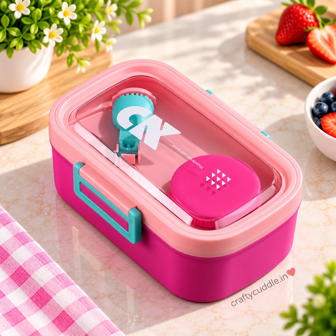 Kids lunch box with transparent lid and built-in foldable spoon
