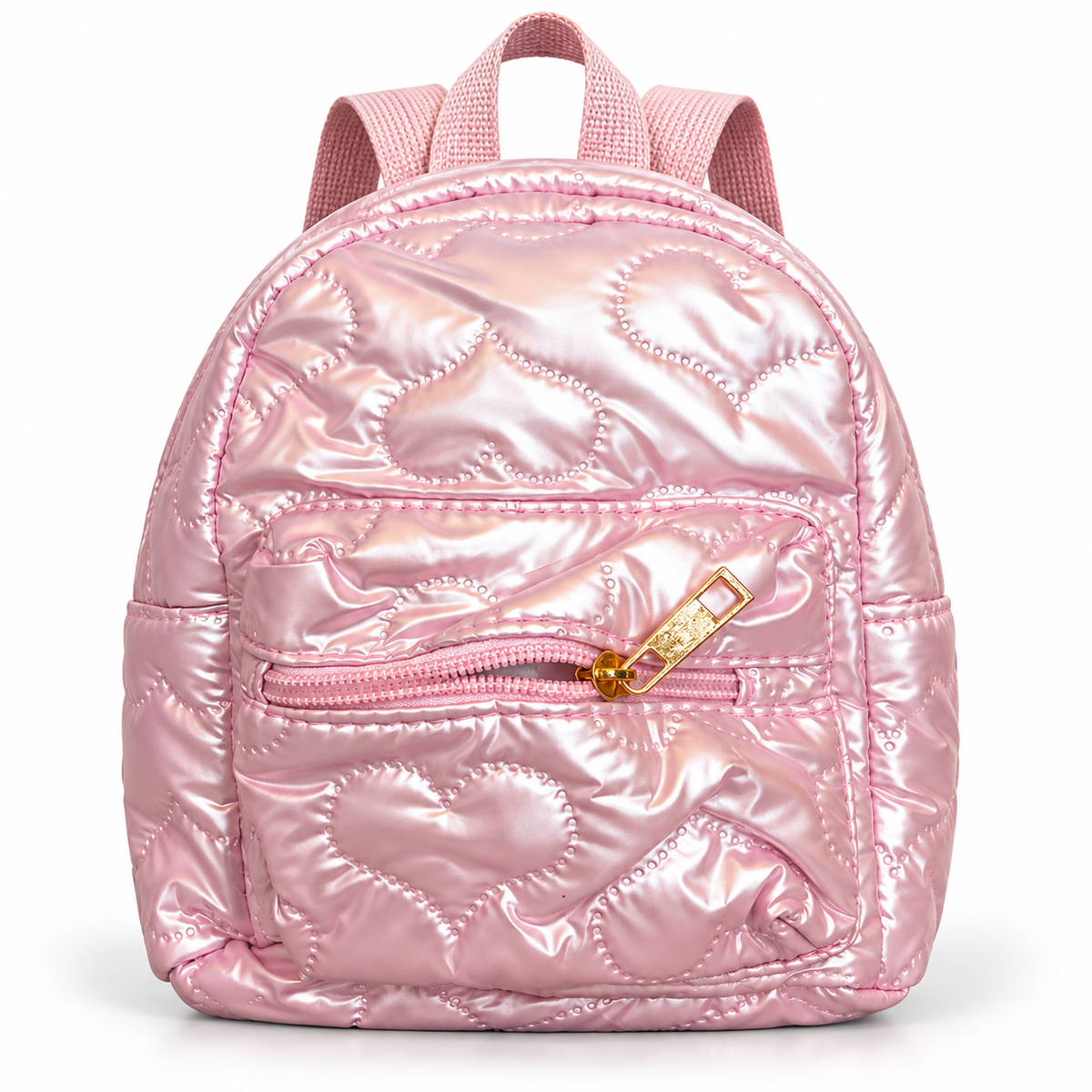 Mini Backpack for Girls, Metallic Quilted Heart Puffer Backpack, Small Kids Travel Bag with Front Zip Pocket, Cute Toddler Backpack for School, Playschool & Outings (Purple/Pink/Rose/Silver)
