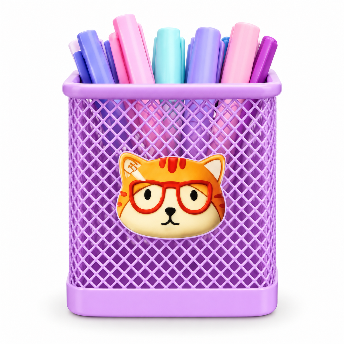 Mesh Pen Holder for Kids – Square Pencil Stand with Cute 3D Cartoon Charm, Desk Organizer for Pens, Pencils, Markers & Brushes – Stationery Storage for Study Table, Office & Kids' Room