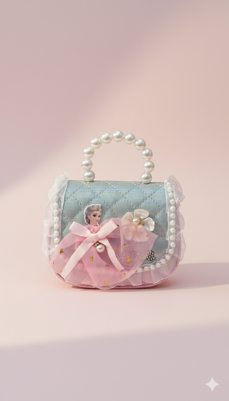 Girls Frozen Pearl Handbag | Cute Pink Mini Purse with Beads, Bow & Floral Design | Party, Birthday & Dress-Up Accessory for Kids