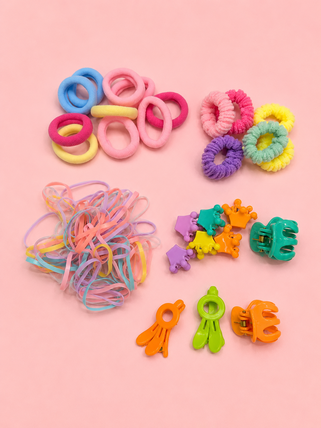 Kids Hair Accessories Combo Set – 5-in-1 Gift Box with Rubber Bands, Soft Elastics, Fluffy Scrunchies, Mini Claw Clips & Duck Clips | 50+ Pieces | Multicolour | Girls Age 3+ | Birthday Gift
