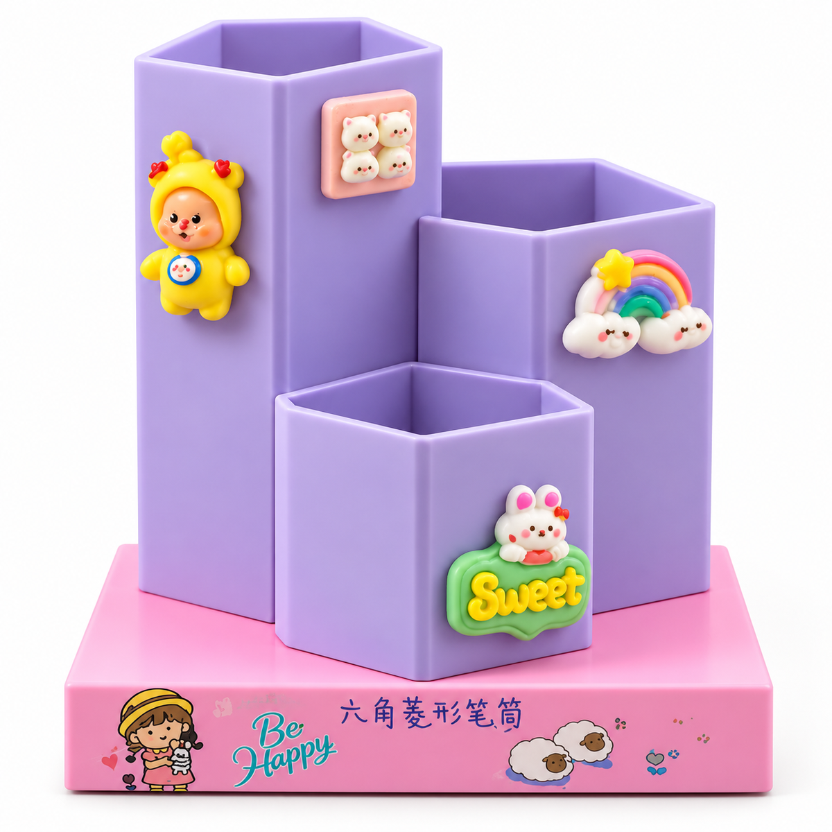 Cute Pencil Stand for Kids – 3-Compartment Hexagon Pen Holder with 3D Cartoon Charms, Desk Organizer for Pens, Pencils, Markers & Stationery – Ideal for School, Study Table & Kids' Room