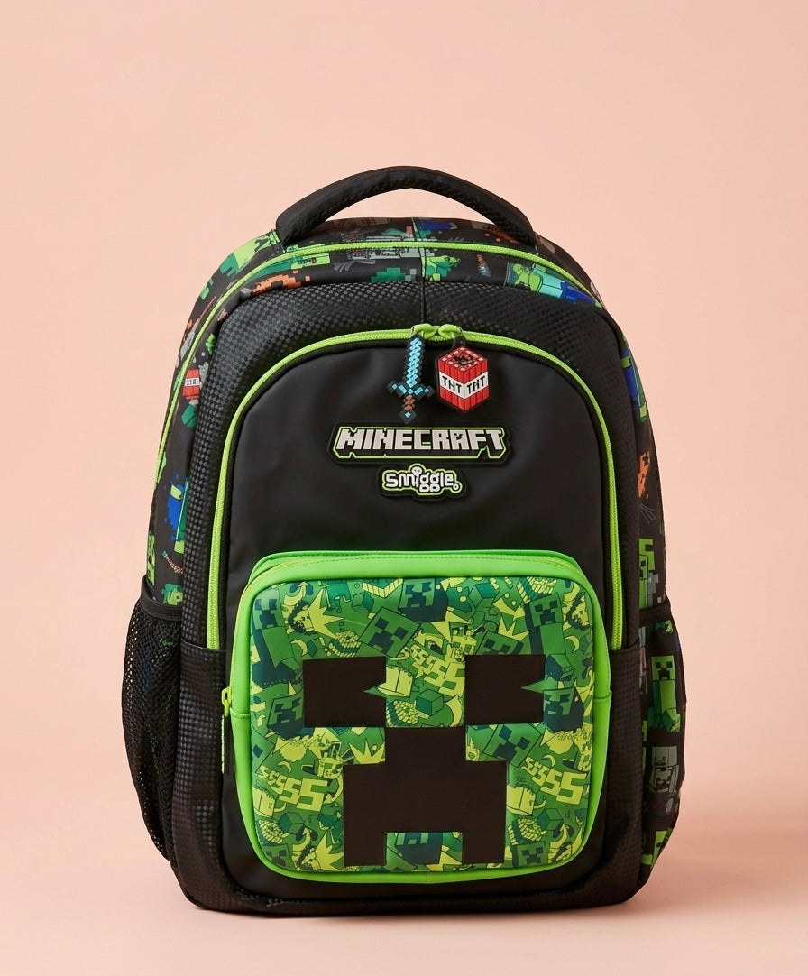 Minecraft Smiggle Kids School Backpack – Creeper Face Front Pocket, Diamond Sword & TNT Zipper Charms, Pixel All-Over Print & Rubber Logo Badge, Multi-Compartment Bag for Boys Ages 5+, Black/Creeper Green