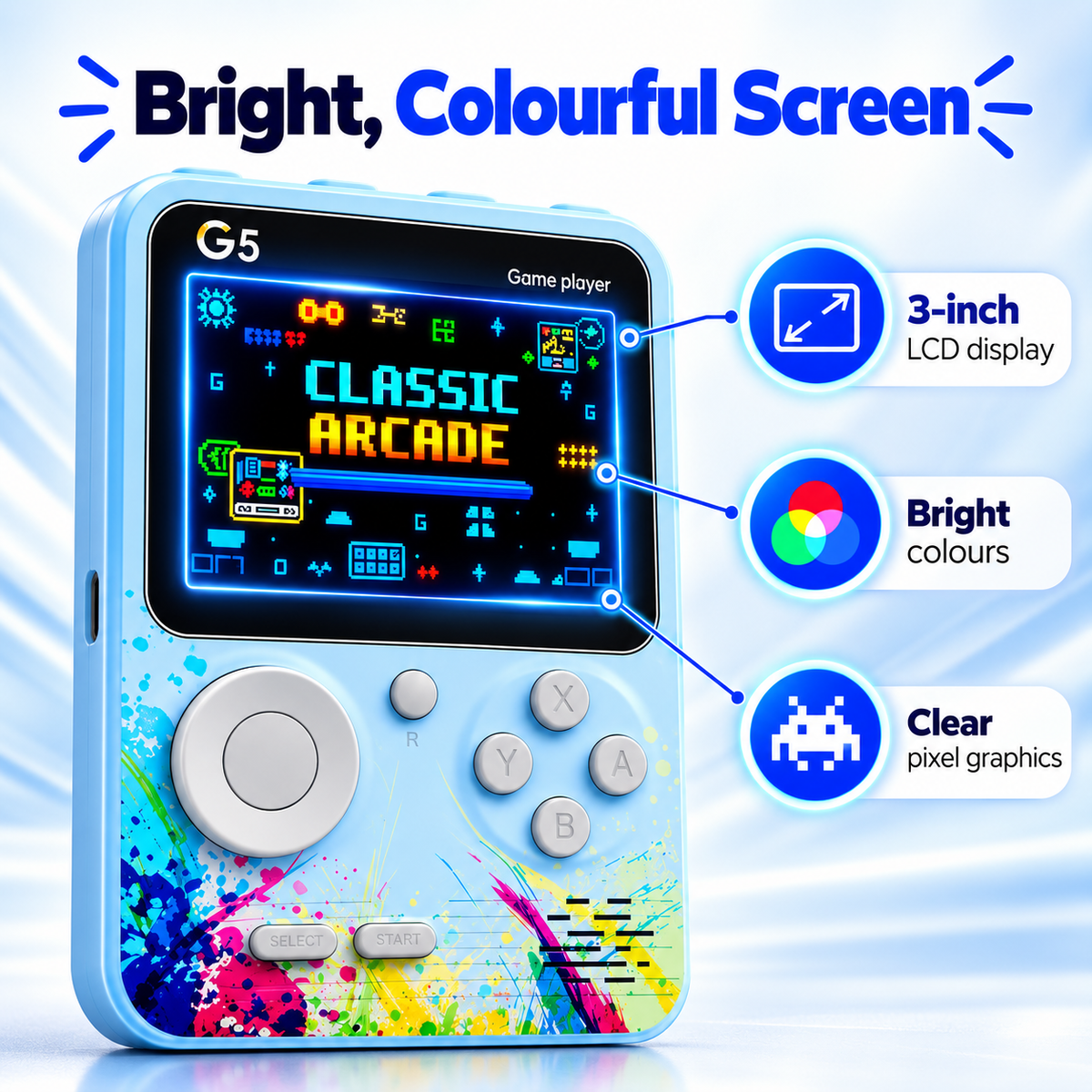 G5 Retro Handheld Game Console for Kids and Adults, 3-inch Colour Screen Portable Video Game Player with Built-in Classic Games, Joystick & ABXY Buttons, Rechargeable, AV TV Output, Gift for Boys & Girls (Blue/Green)