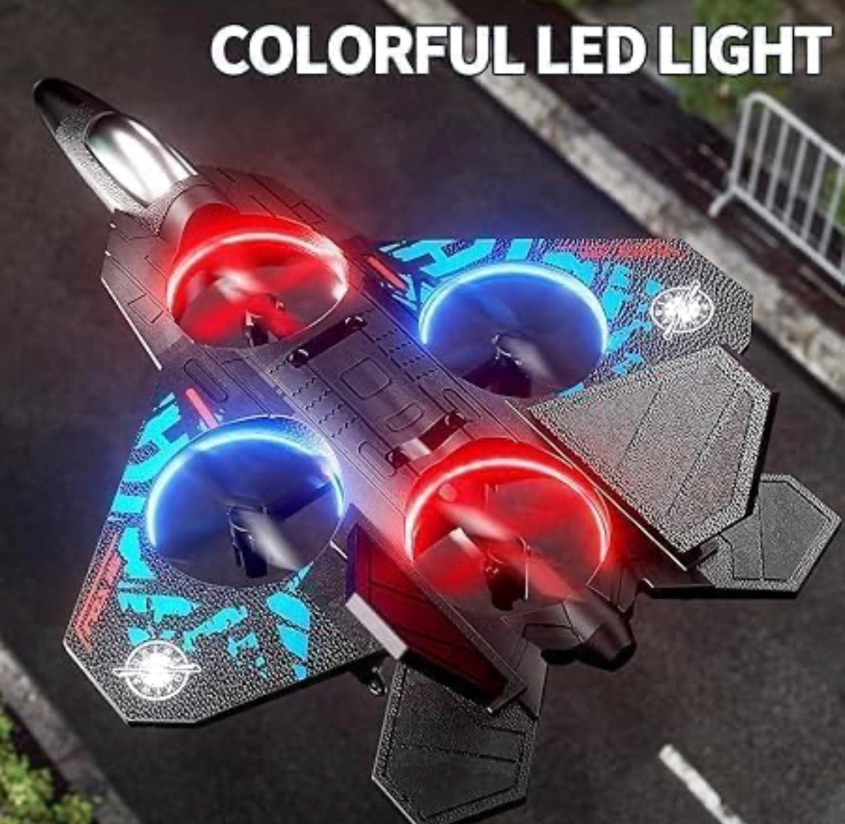 RC Fighter Jet Drone for Kids – VTOL Remote Control Airplane with 4 Propellers & Colourful LED Lights | Indoor & Outdoor Flying Toy | Easy to Fly | Boys & Girls Age 8+ | Birthday Gift