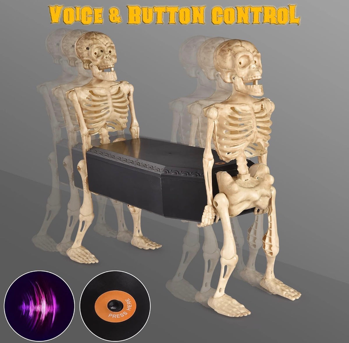 Halloween Animated Skeleton Pallbearers Carrying Coffin – Walking Skeleton Duo with Colourful LED Lights & Spooky Sounds | Halloween Haunted House Decoration, Party Prop & Floor Decor
