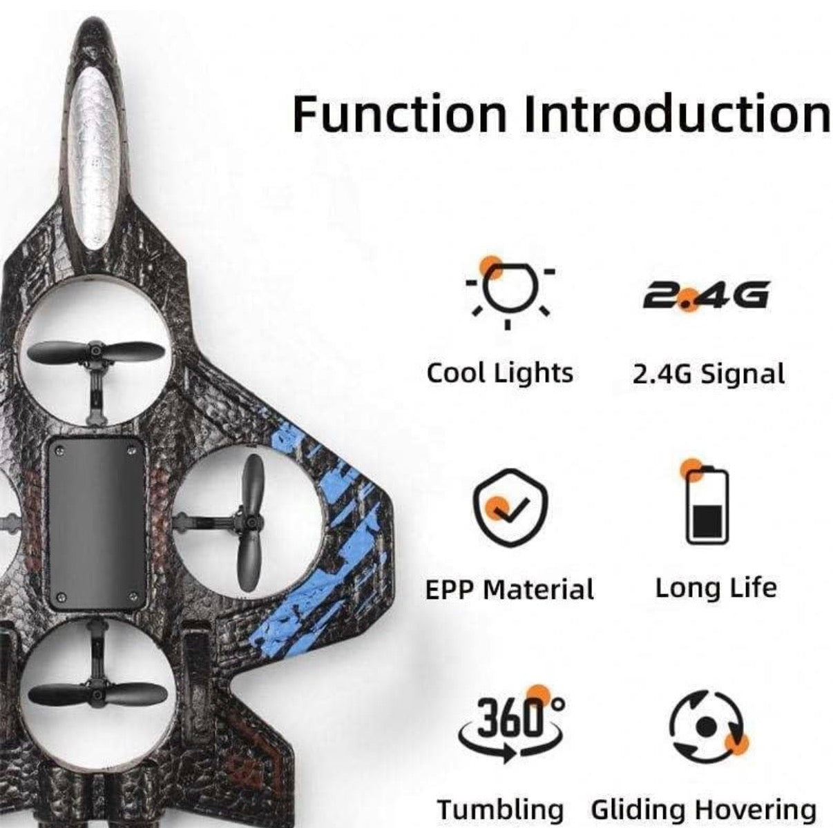 RC Fighter Jet Drone for Kids – VTOL Remote Control Airplane with 4 Propellers & Colourful LED Lights | Indoor & Outdoor Flying Toy | Easy to Fly | Boys & Girls Age 8+ | Birthday Gift