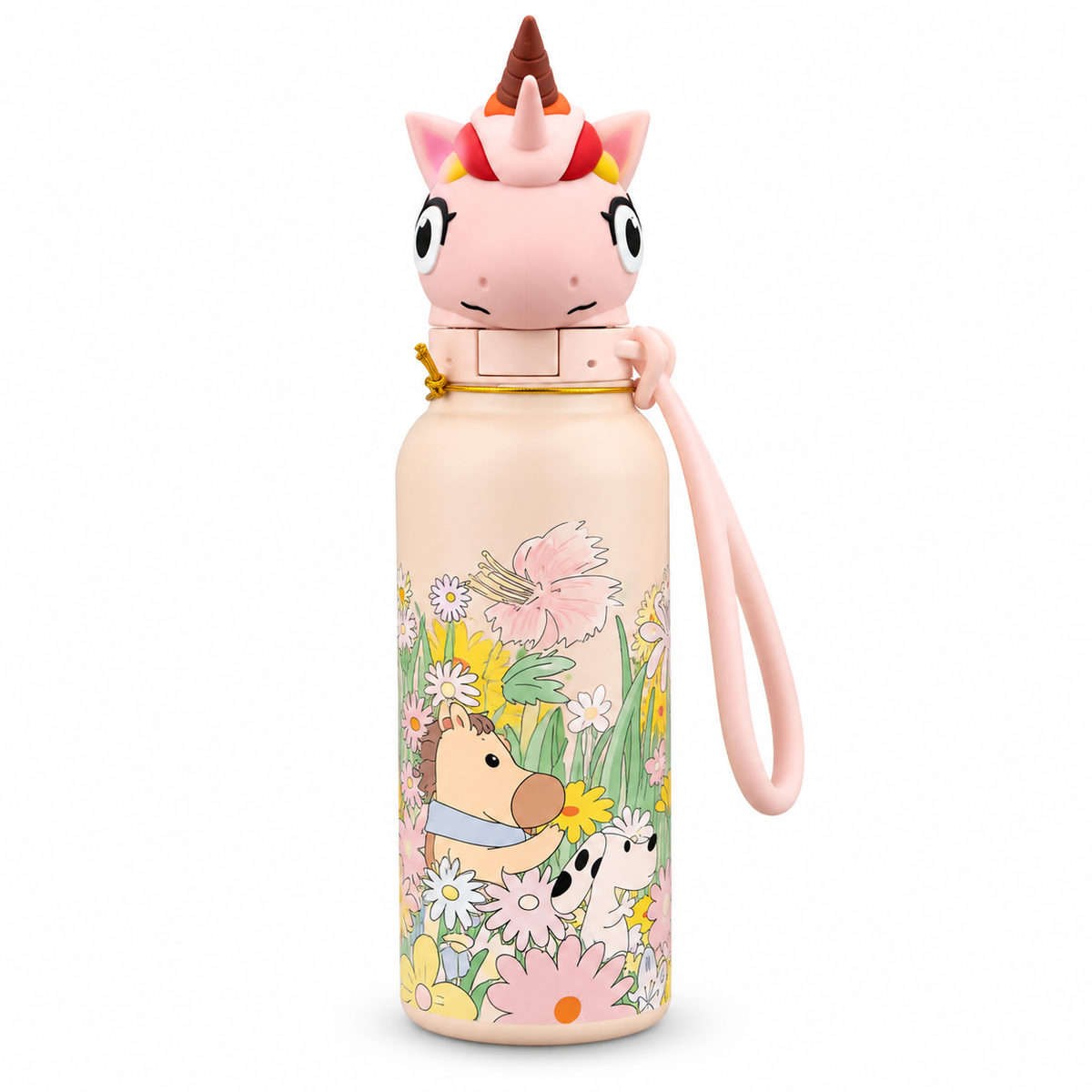 Pink unicorn 3D cap kids insulated steel water bottle 600ml