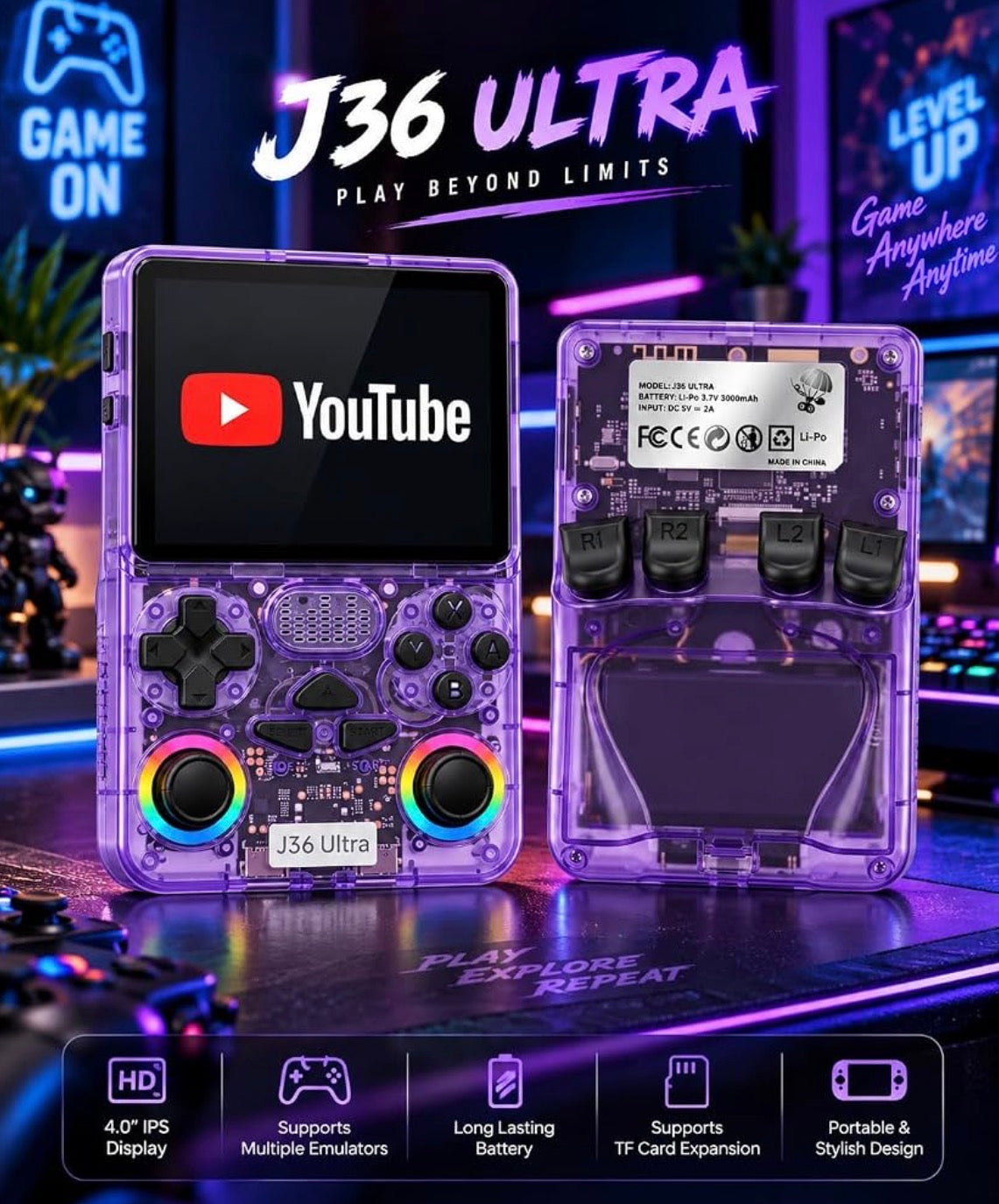 J36 Ultra Handheld Game Console – [X]-inch IPS Screen, Wi-Fi & Bluetooth, Dual Joysticks with RGB Lighting, [XXXX]mAh Rechargeable Battery, Portable Retro-Style Gaming Device – Transparent Purple