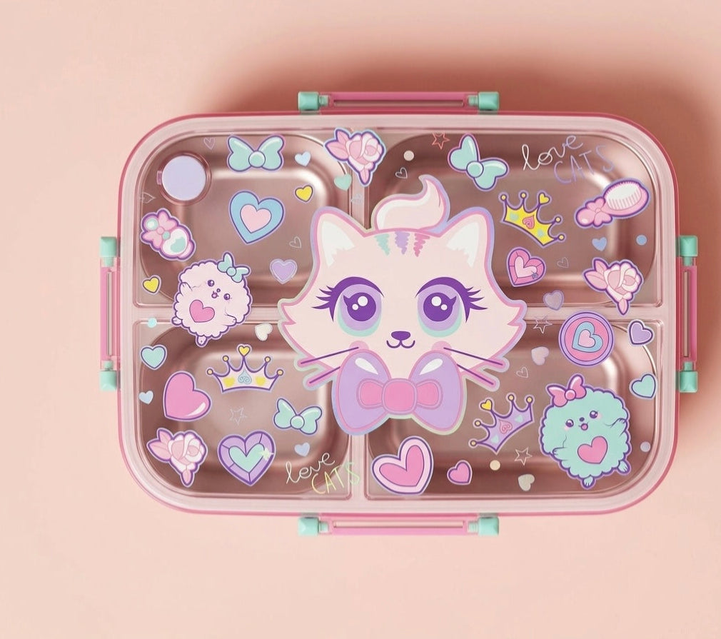 Kawaii Star Fairy Kids Stainless Steel Lunch Box – Transparent Lid with Cute Character Print, Multi-Section Tiffin with Leak-Proof Clips & Built-In Sauce Cup, Girls Ages 3+, Pink/Mint