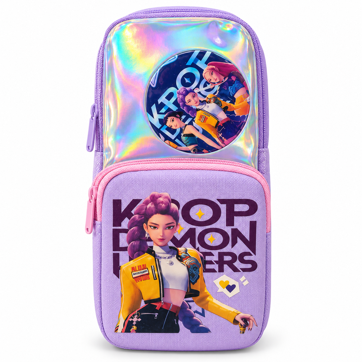 KPop Demon Hunters Holographic Pencil Pouch with 2 Zip Compartments & Pin Badge