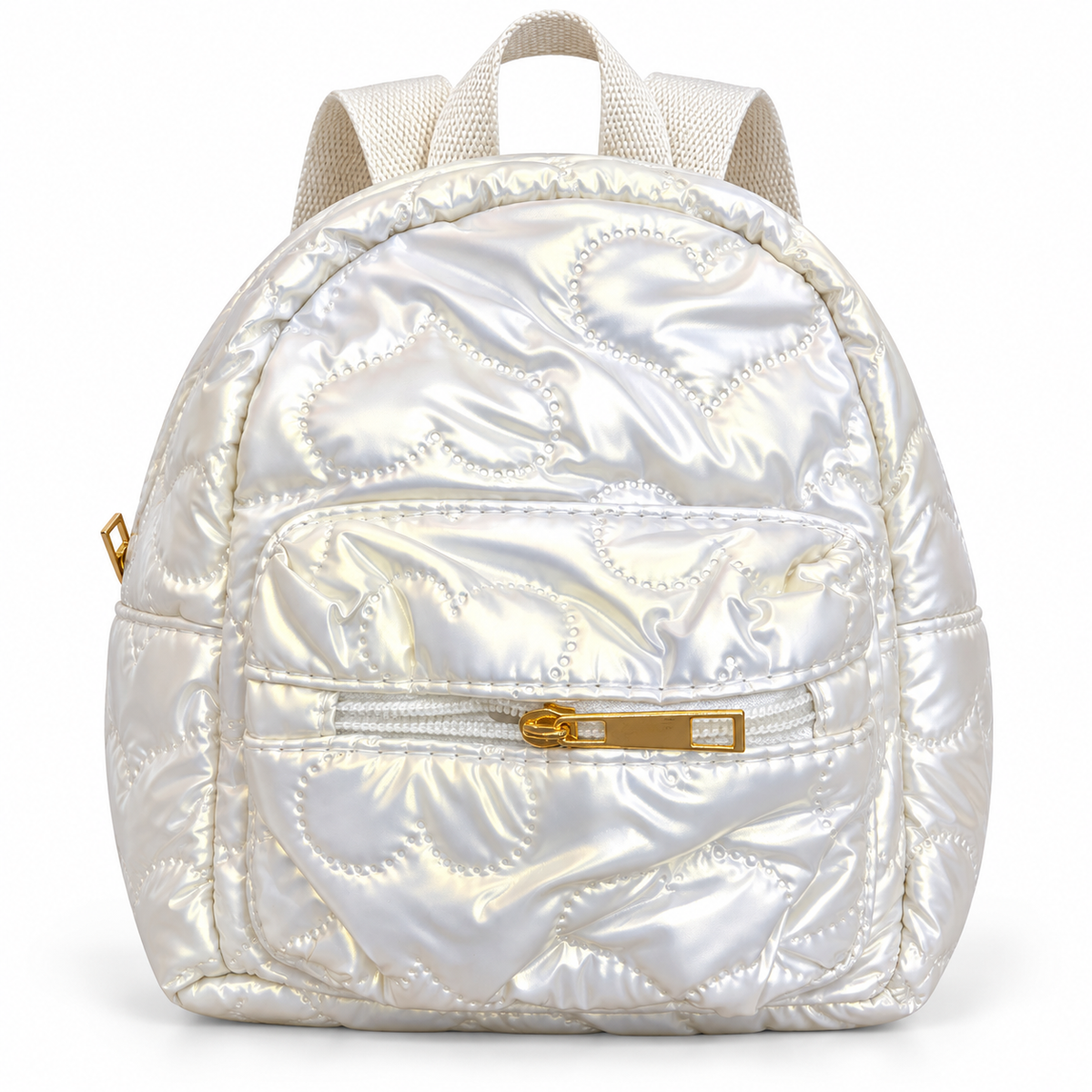 Mini Backpack for Girls, Metallic Quilted Heart Puffer Backpack, Small Kids Travel Bag with Front Zip Pocket, Cute Toddler Backpack for School, Playschool & Outings (Purple/Pink/Rose/Silver)